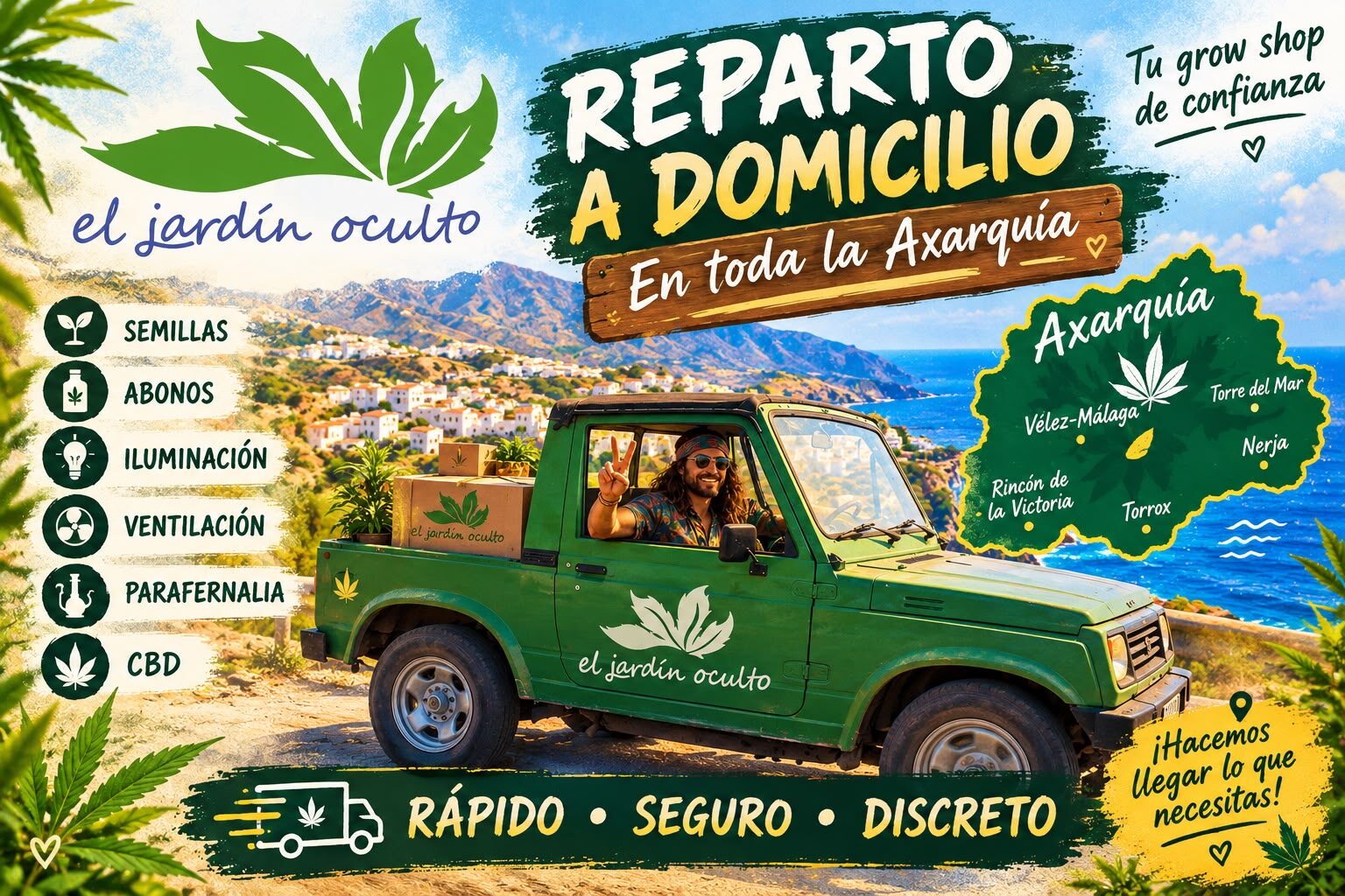Reparto a domicilio de El Jardín Oculto en toda la Axarquía. Rápido, seguro y discreto.